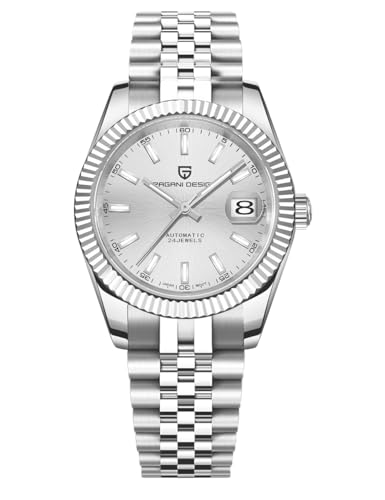 Pagani Design Herren-Automatikuhr Mechanisches Uhrwerk Verschraubte Krone Wasserdicht bis 100 Meter Edelstahlgehäuse Saphirglas Zifferblatt 21 Juwelen Gelbgold Luxusuhr PD 1645 (Silber weiß) von PAGRNE DESIGN