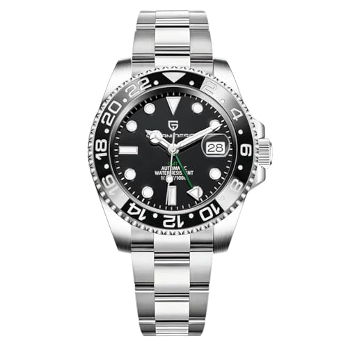 Pagani Design GMT Herren 40 mm Automatikuhr Saphirglas Edelstahl 100 Wasserbeständigkeit Analoguhr Mechanische Herrenuhren Geschenkuhr für Herren(Schwarz) von PAGRNE DESIGN