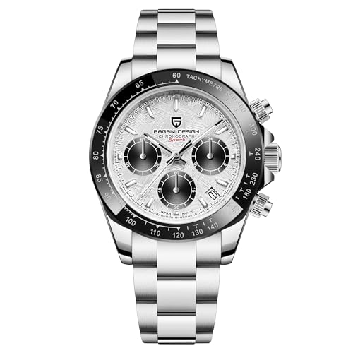 Pagani Design Herren-Quarzuhr mit einfachem Chronographencode, wasserdicht, Keramik und Edelstahl(Silber Weiß GY) von PAGRNE DESIGN