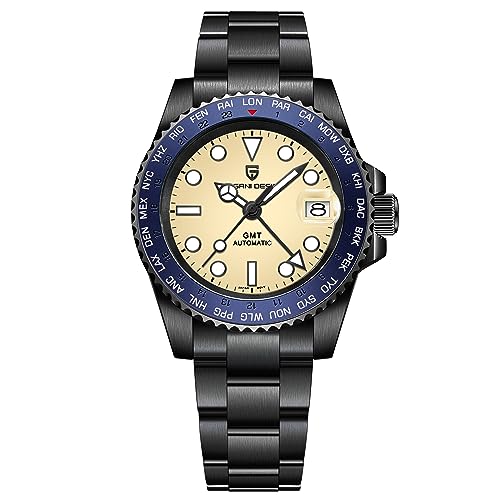 Pagani Design Hombres Automático GMT TMI NH34 PD1758 Japón Movimiento Cristal de Zafiro AR +AF Reloj resistente al agua (Negro Shell Azul) von PAGRNE DESIGN
