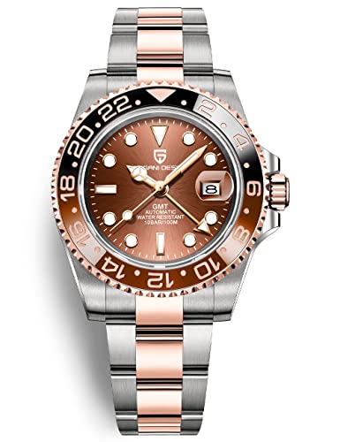 Pagani Design Herrenuhr Automatik Mechanische Uhr GMT Dual-Zeitzone Armbanduhren Edelstahl Zweifarbige Keramiklünette 100M Wasserdicht PD-1662 (3 Roségold) von PAGRNE DESIGN
