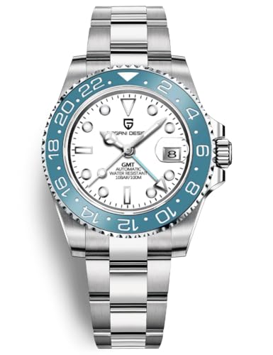 Pagani Design Herrenuhr Automatik Mechanische Uhr GMT Dual-Zeitzone Armbanduhren Edelstahl Zweifarbige Keramiklünette 100M Wasserdicht PD-1662 (Blau Weiß) von PAGRNE DESIGN