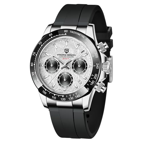 Pagani Design Herrenuhr VK63 Uhrwerk Daytona Chronograph Herren Hommage Quarz Uhr Keramik Lünette Edelstahl Sport Gummiband wasserdichte Taucheruhren Herren (1664 Silber-weiße Textur) von PAGRNE DESIGN