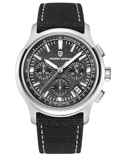 Pagani Design Herrenuhren, Neue Sport-Quarzuhr VK63 Chronograph AR+AF Saphirglas100M Wasserdicht Modische Business Armbanduhr für Herren（Nylonleder-Schwarz） von PAGRNE DESIGN