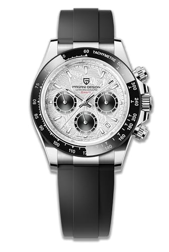 Pagani Design Herren Quarzuhr Einfache Chronographencode Uhr wasserdichte Keramik Uhrenring Edelstahl Uhrenkette(Silber weiß JY) von PAGRNE DESIGN