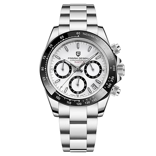 Pagani Design Herren Keramik Lünette Edelstahl Armband Chronograph Wasserdicht 100 m Saphirglas Herrenuhr(Weiß G) von PAGRNE DESIGN