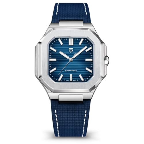 Pagani Design Neue Herren 42mm Quarz Edelstahl Uhr Synthetisch Saphirglas Leuchtend 50m Wasserdicht Mode Business Uhr (Klebeband blau) von PAGRNE DESIGN