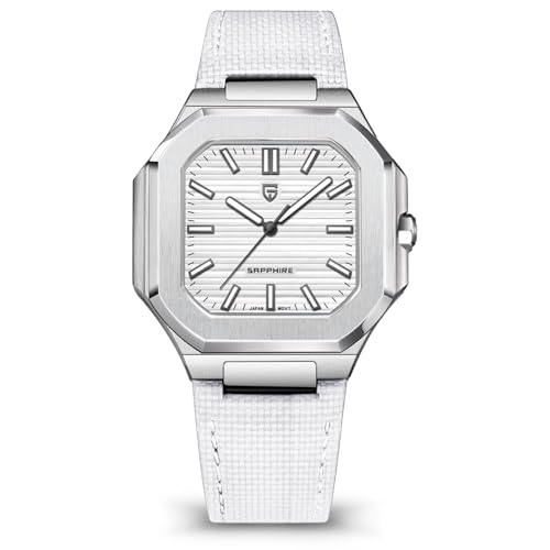 Pagani Design Neue Herren 42mm Quarz Edelstahl Uhr Synthetisch Saphirglas Leuchtend 50m Wasserdicht Mode Business Uhr (Klebeband weiß) von PAGRNE DESIGN