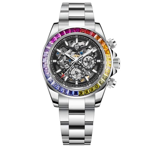 Pagani Design Neue Herren Regenbogen Ring Uhr Kalender Woche Mechanische Edelstahl Herrenuhr, Regenbogen, Casual von PAGRNE DESIGN