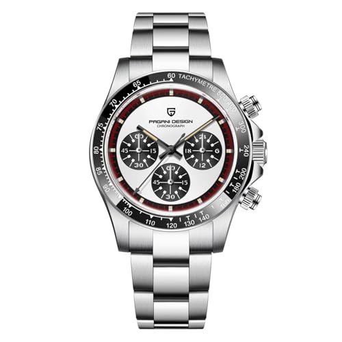 Pagani Design Herrenuhr Saphirglas Chronograph Edelstahl Wasserdicht Leuchtende Uhr Japanisches Uhrwerk Herren Quarzuhr Uhr für Männer(Weiß) von PAGRNE DESIGN