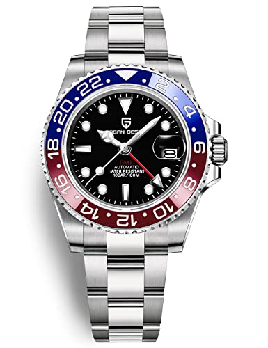 Pagani Design Herrenuhr Automatik Mechanische Uhr GMT Dual-Zeitzone Armbanduhren Edelstahl Zweifarbige Keramiklünette 100M Wasserdicht PD-1662 (3 Blau Rot) von PAGRNE DESIGN