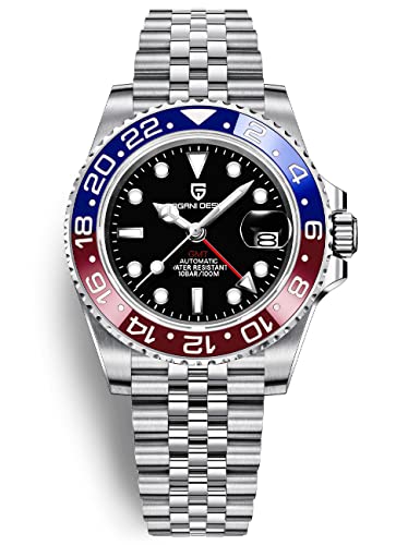 Pagani Design Herrenuhr Automatik Mechanische Uhr GMT Dual-Zeitzone Armbanduhren Edelstahl Zweifarbige Keramiklünette 100M Wasserdicht PD-1662 (5 Blau Rot) von PAGRNE DESIGN