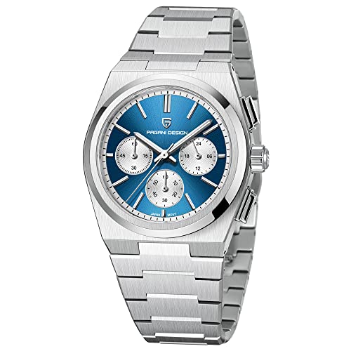 Pagani Design Uhren Herren Elegant Business Sports Quarzwerk Chronograph Armbanduhren Japan VK63 Mit Saphirglas Wasserdicht 100M Analogue Edelstahl (silberblau) von PAGRNE DESIGN