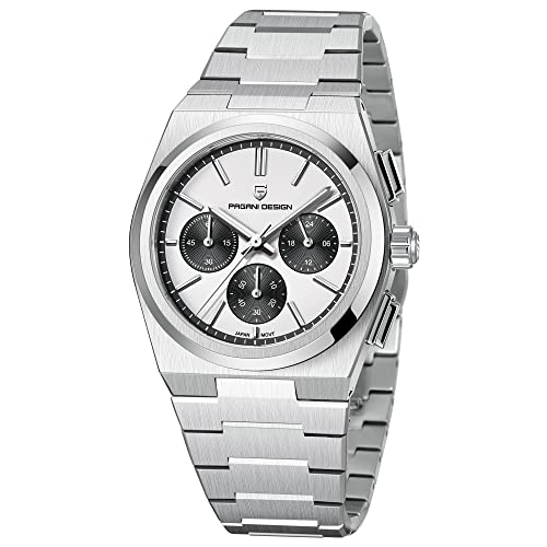 Pagani Design Uhren Herren Elegant Business Sports Quarzwerk Chronograph Armbanduhren Japan VK63 Mit Saphirglas Wasserdicht 100M Analogue Edelstahl (silbrig weiß) von PAGRNE DESIGN