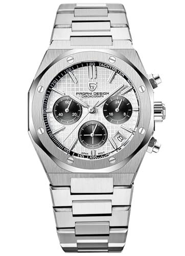 Pagani Design Herren Uhren Elegant Business Sports Quarzuhr Chronograph Armbanduhren Japan VK63 Saphirglas Wasserdicht 100M Analogue Edelstahl Mit (weiß) von PAGRNE DESIGN