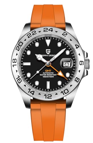 Pagani Design Uhren Herren GMT Automatik Automatik Mechanisch Analog Saphir Sport Wasserdicht Leuchtend Handgelenk Uhr (Schwarz Gummi) von PAGRNE DESIGN
