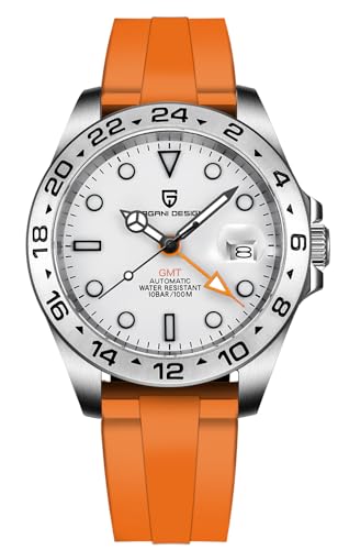 Pagani Design Uhren Herren GMT Automatik Automatik Mechanisch Analog Saphir Sport Wasserdicht Leuchtend Handgelenk Uhr (Weiß Gummi) von PAGRNE DESIGN