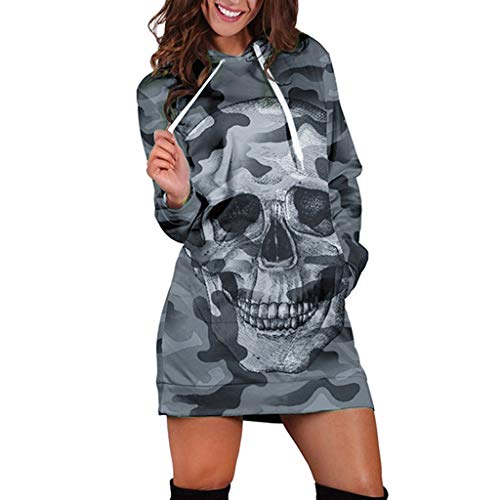 PAIDAXING 3D Pullover Damen Hoodie Kleider Langarm Totenkopf Kapuzenpullover Sweatshirt Pulli Karneval Kostüm Bekleidung Midi Kleid Pulloverkleid Langarm mit Taschen von PAIDAXING