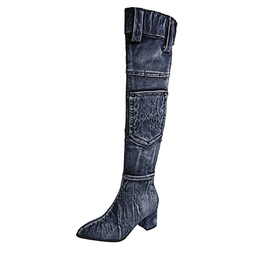 PAIDAXING Cowboystiefel Damen Overknee-Stiefel Vintage Denim Stiefe mit Klobigem Absatz Stretch Spitz Winterstiefel Schlupfstiefel Reißverschluss Mittlerer Absatz Westernreitstiefel Damenstiefel von PAIDAXING