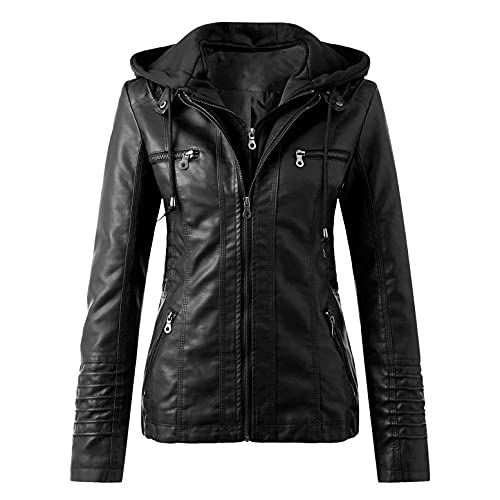 PAIDAXING Damen Biker Lederjacke Motorrad Jacke mit Reißverschluss Kapuzen Bikerjacke Parka Coat Abnehmbarer Übergangsjacke Damenjacke von PAIDAXING