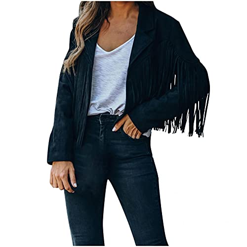 PAIDAXING Damen Bikerjacke Leder Motorradjacke Quaste Design Cropped Lederjacken Bomberjacke Revers Cardigan Mantel Jacke Kurz Coat von PAIDAXING