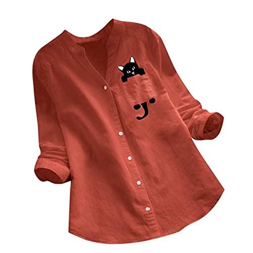 PAIDAXING Damen Bluse Katzenmotiv Baumwoll-Leinenblusen mit Taschen Langarm Shirt Lässige Einfarbig Büro Hemdblusen Tunika Tops Oberteile T-Shirt von PAIDAXING
