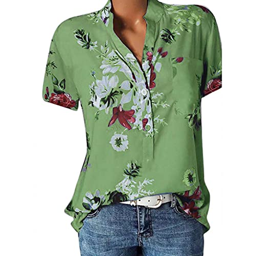 PAIDAXING Damen Bluse Kurzarm Hemdbluse Blumendruck V-Ausschnitt Tshirt Oberteil mit Knopfleiste Loose Fit Strand Sommershirts Tunika Hemd Top von PAIDAXING