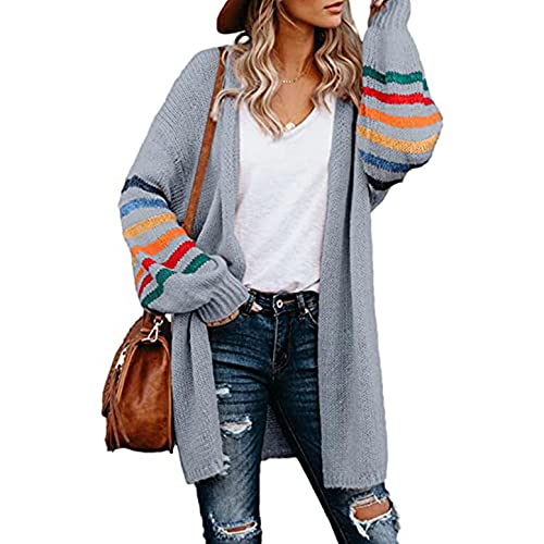 PAIDAXING Damen Cardigan Lang Strickmantel Bunte Gestreift Ärmel Strickjacke Herbst Winter Atmungsaktive Jacke Strickware Pullover von PAIDAXING