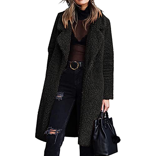 PAIDAXING Damen Fleecejacke Lang Plüschjacke Faux Pelz Mantel Revers Teddyjacke Cardigan Jacken Winter Oversized Plüschmantel Winterjacke Teddymantel Doppelseitiger Teddyfleece von PAIDAXING