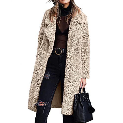 PAIDAXING Damen Fleecejacke Lang Plüschjacke Faux Pelz Mantel Revers Teddyjacke Cardigan Jacken Winter Oversized Plüschmantel Winterjacke Teddymantel Doppelseitiger Teddyfleece von PAIDAXING