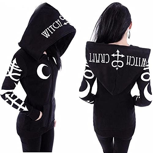 PAIDAXING Damen Hoodie Gothic Punk Sweatjacke Kapuzenpullover Karneval Cosplay Kapuzenjacke Retro Druck Kapuzenpulli Sweatshirt Streetwear Jacke Mantel von PAIDAXING