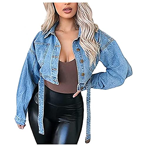 PAIDAXING Damen Jeansjacke Kurz Übergangsjacke Modische Große Größen Jeans Mantel Knopfverschluss Bolero Jacke mit Saum Gürtel von PAIDAXING