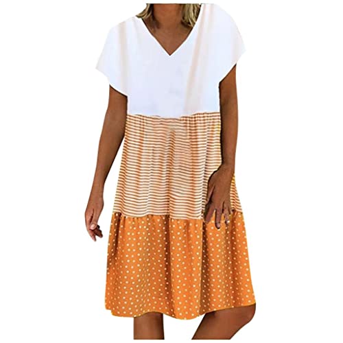 PAIDAXING Damen Kleid A-Linie Baumwolle Freizeitkleid V-Ausschnitt Sommerkleid Patchwork Loose Leinen Kurzarm Midi Blusekleider Strandkleid T-Shirtkleider von PAIDAXING