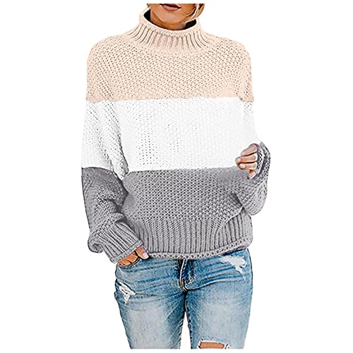 PAIDAXING Damen Pullover Frabblock Strickpullover Elegant Pulli Rollkragenpullover Frauen Herbst Winter Lose Grobstrickpullover Sweatshirts Oberteile von PAIDAXING