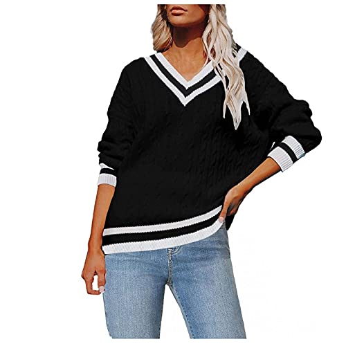 PAIDAXING Damen Pullover Strickpullover College Stil Pulli Sweatshirt V-Ausschnitte Langarm Strick Gestreift Patchwork Oberteile von PAIDAXING