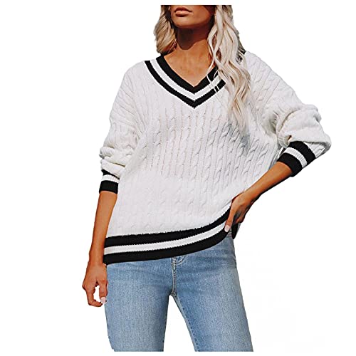 PAIDAXING Damen Pullover Strickpullover College Stil Pulli Sweatshirt V-Ausschnitte Langarm Strick Gestreift Patchwork Oberteile von PAIDAXING