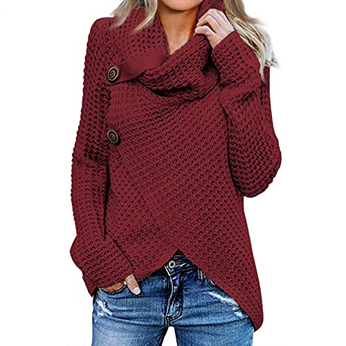 PAIDAXING Damen Pullover Strickpullover Rollkragen Pullis Asymmetrischer Saum Wrap Wickel Sweater Sweatshirt Oversized Grobstrick Winterpullover Oberteil von PAIDAXING