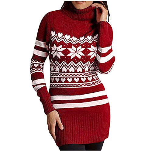 PAIDAXING Damen Pullover Strickpullover Weihnachten Druck Pullikleid Wickelkleid Longpulli Sexy Rippstrick Knielang Kleider Mini Kleider Weihnachtspullover von PAIDAXING