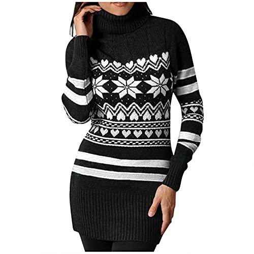 PAIDAXING Damen Pullover Strickpullover Weihnachten Druck Pullikleid Wickelkleid Longpulli Sexy Rippstrick Knielang Kleider Mini Kleider Weihnachtspullover von PAIDAXING