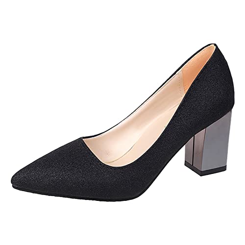 PAIDAXING Damen Spitze Pumps mit Blockabsatz Chunky Heels Pointed Toe Damenschuhe Hochhackige Partyschuhe mit Pailletten Elegante Niedrigepumps Shoes with Ankle Strap (Black, 39.5) von PAIDAXING