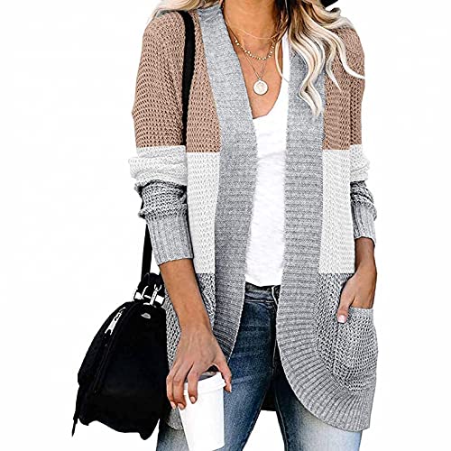 PAIDAXING Damen Strickjacke Casual Cardigan Strickmantel Strickpullover Streifen Frabblock Mantel Sweatshirt Winterjacken Lang Mit Taschen Lockerer Jacken Outwear Für Herbst Winter von PAIDAXING