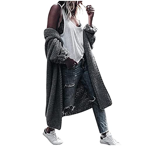 PAIDAXING Damen Strickjacke Lang Cardigan Mantel Langarm mit Taschen Lose Strickmantel Strickpullover Offene Oberteil Strickcardigan Übergangsjacke Outerwear von PAIDAXING