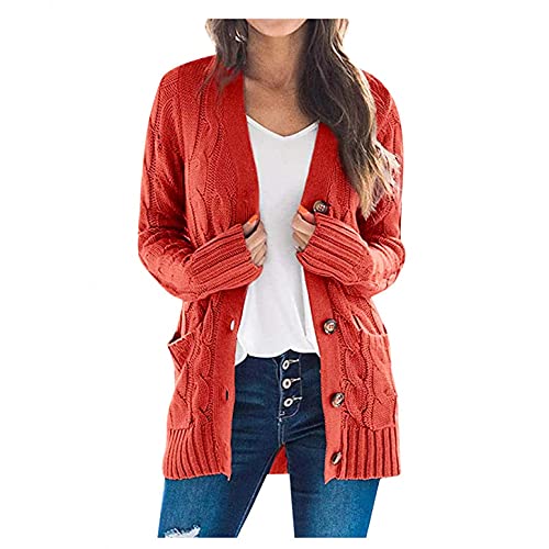 PAIDAXING Damen Strickmantel Lange Strickjacke Grob Strick Zopfmuster Cardigan Mantel Einreiher Knöpfen Sweater Outerwear mit Taschen von PAIDAXING