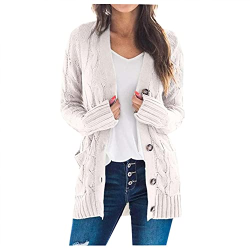 PAIDAXING Damen Strickmantel Lange Strickjacke Grob Strick Zopfmuster Cardigan Mantel Einreiher Knöpfen Sweater Outerwear mit Taschen von PAIDAXING