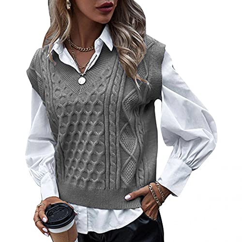 PAIDAXING Damen Weste V-Ausschnitt Strickweste Damenweste Strick Pullunder Pullover Mantel Casual Atmungsaktiv Ärmellos Jacke Übergangs Sweater Grobstrick Top von PAIDAXING