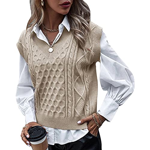 PAIDAXING Damen Weste V-Ausschnitt Strickweste Damenweste Strick Pullunder Pullover Mantel Casual Atmungsaktiv Ärmellos Jacke Übergangs Sweater Grobstrick Top von PAIDAXING