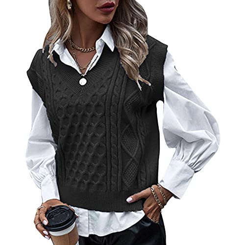 PAIDAXING Damen Weste V-Ausschnitt Strickweste Damenweste Strick Pullunder Pullover Mantel Casual Atmungsaktiv Ärmellos Jacke Übergangs Sweater Grobstrick Top von PAIDAXING