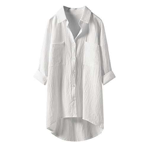 PAIDAXING Oversize Damen Bluse Longshirt Baumwolle Leinen Hemdbluse Übergröße Langarm Shirt mit Button-down Leinenbluse Lang Blusen Tops von PAIDAXING