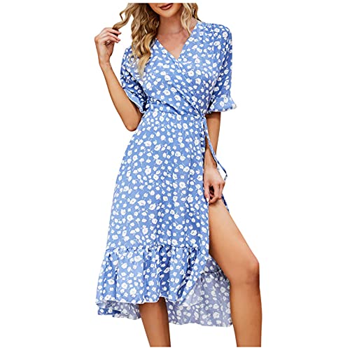 PAIDAXING Sommerkleider Damen Boho Kleider V-Ausschnitt Kurzarm Loose Rüschen Freizeitkleider Blumen Strandkleider Minikleider Elegant A-Linie T-Shirtkleider Schwangeres Kleid Casual von PAIDAXING