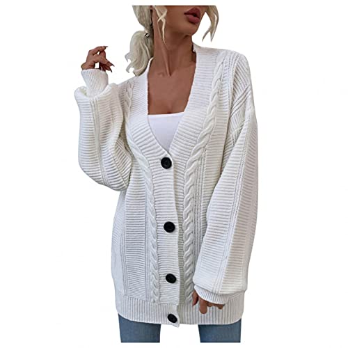 PAIDAXING Strickjacke Damen Langarm V-Ausschnitt Strickmantel Grobstrick Zopfmuster Jacke Einfarbig Freizeit Open Front Button Down Strickpullover Mantel von PAIDAXING